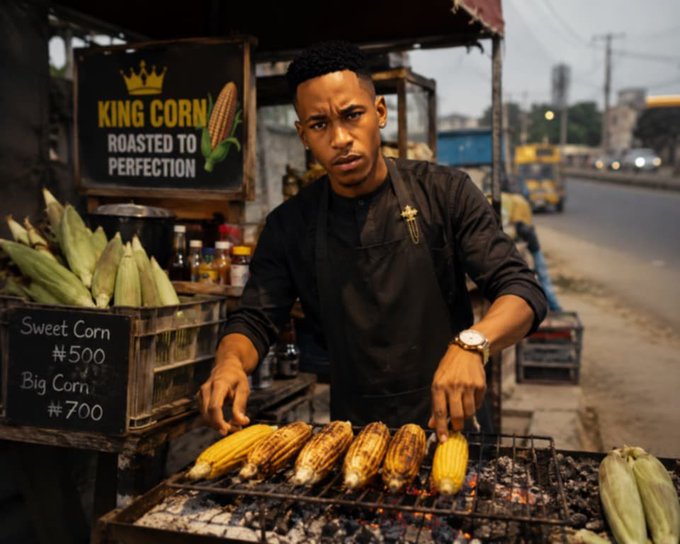 A young man stands at a 'KING CORN - Roasted to Perfection' street food stall grilling corn on a charcoal barbecue, with a sign showing Sweet Corn ₦500 and Big Corn ₦700.