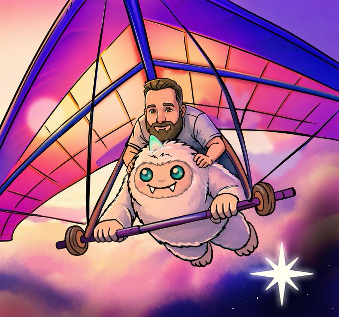 The image features a man holding onto a giant purple winged creature or monster, which appears to be a combination of an alligator and dragon. The scene takes place under a cloudy sky with a star in the background. In the surrounding text, there is information about an upcoming event on the trading platform called "Big things are coming for @bulktrade next week" and mentions that the team will release a huge update shortly after.