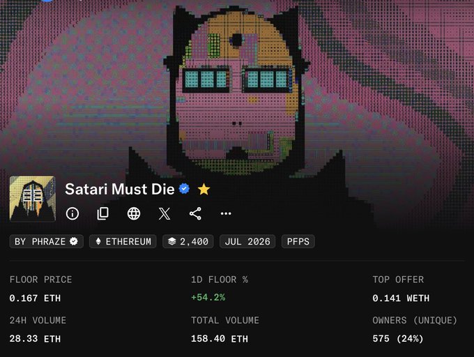 An NFT collection page on OpenSea titled 'Satari Must Die' by PHRAZE on Ethereum, showing a pixelated character and stats like 0.167 ETH floor price.