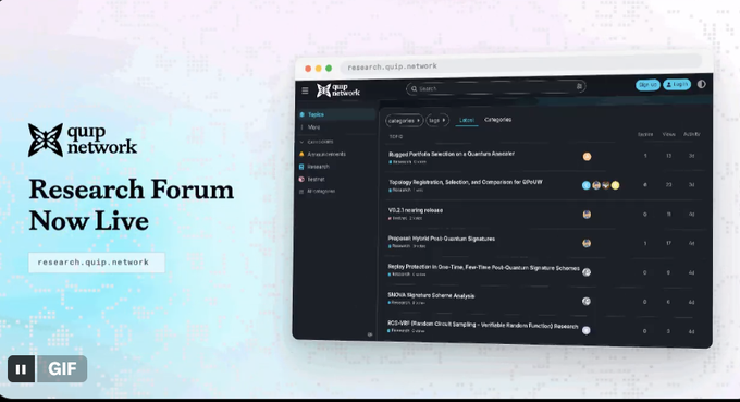 Promotional image for the 'quip network' Research Forum at research.quip.network, showing a browser window with a list of cryptographic research topics.