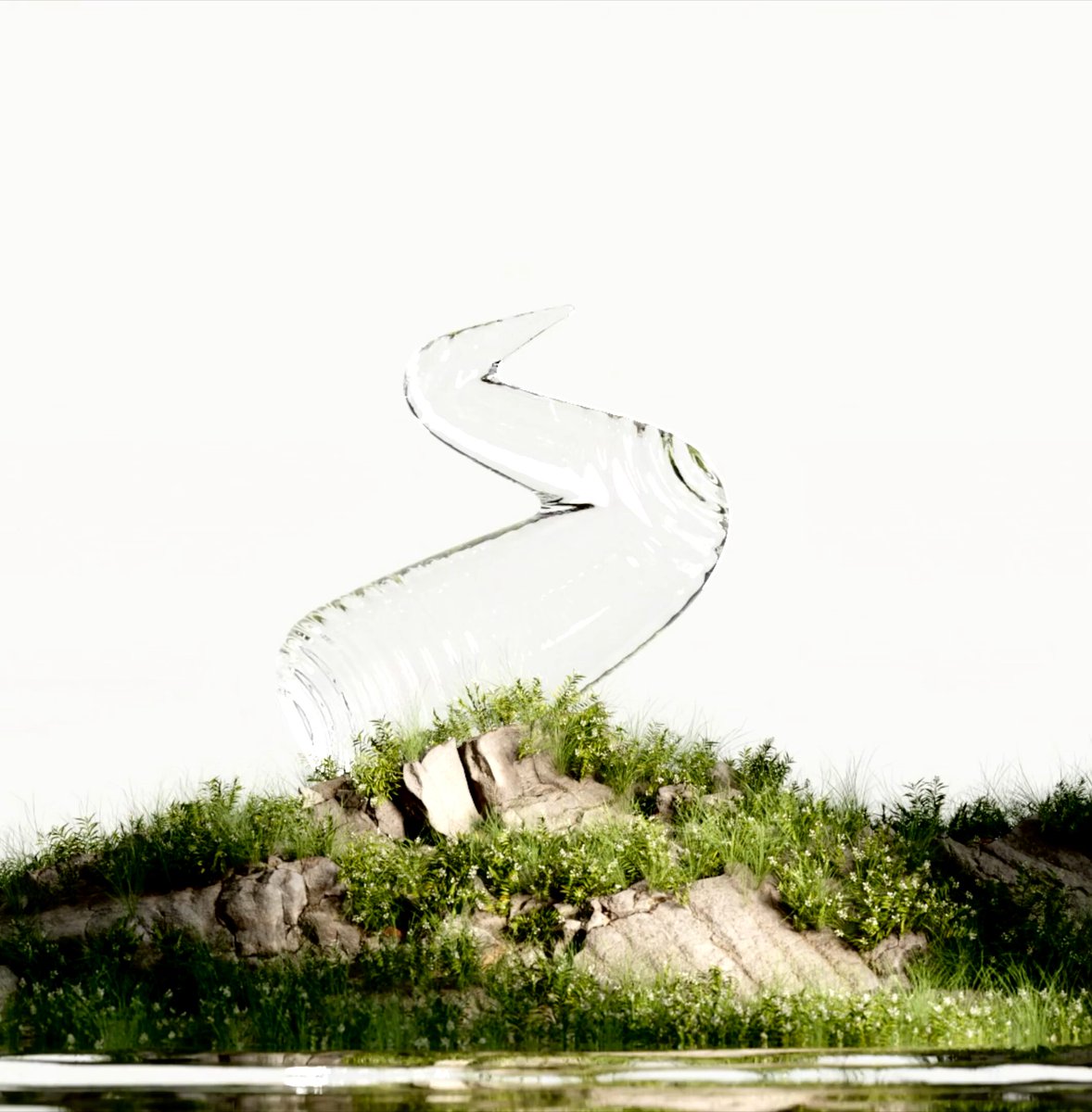 The image features a large glass sculpture of a winding river or stream that appears to be made out of water. The sculpture is situated on top of a hill, surrounded by grass and rocks. The background of the image is white, which contrasts with the colorful and intricate nature of the glass artwork. The caption provided in the image suggests that there might be an app called Cashen CC running, indicating that it could be related to real estate or property management services.