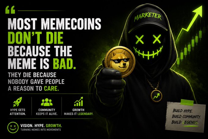 A hooded figure wearing a "MARKETEER" cap and glowing X-eyed mask holds up a Doge-style memecoin, set against a rising green chart and bold text declaring "MOST MEMECOINS DON'T DIE BECAUSE THE MEME IS BAD. THEY DIE BECAUSE NOBODY GAVE PEOPLE A REASON TO CARE," along with icons for hype, community, and growth under the tagline "VISION. HYPE. GROWTH. Turning memes into movements." The graphic visually reinforces the post's message that successful memecoins depend on marketing, community building, and sustained momentum—not just the meme itself.