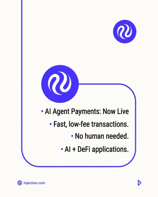 The image features a white background with two blue circles, one larger than the other, positioned at the top of the frame. Below these circles are three lines that read "AI Agent Payments" followed by "Now Live". The text below the circles states that AI agent payments can now be sent and received in real-time, without human intervention or additional fees.