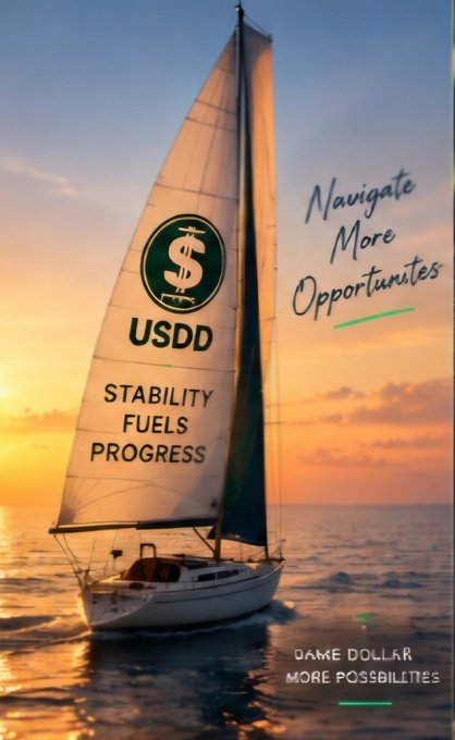 A promotional graphic showing a sailboat at sunset with a sail displaying 'USDD - STABILITY FUELS PROGRESS,' alongside text reading 'Navigate More Opportunities' and 'DARE DOLLAR MORE POSSIBILITIES.'