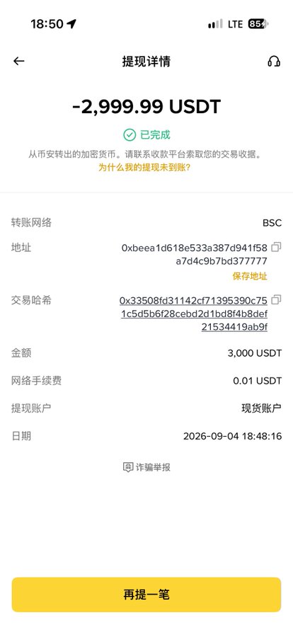 A mobile withdrawal confirmation screen showing a completed transaction of -2,999.99 USDT via BSC network, dated 2026-09-04 18:48:16, with Chinese text indicating the withdrawal details.