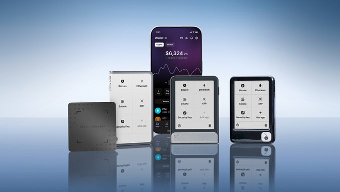 A crypto hardware wallet product display showing a Ledger device and multiple smartphones displaying wallet interfaces with assets like Bitcoin, Ethereum, and Solana.