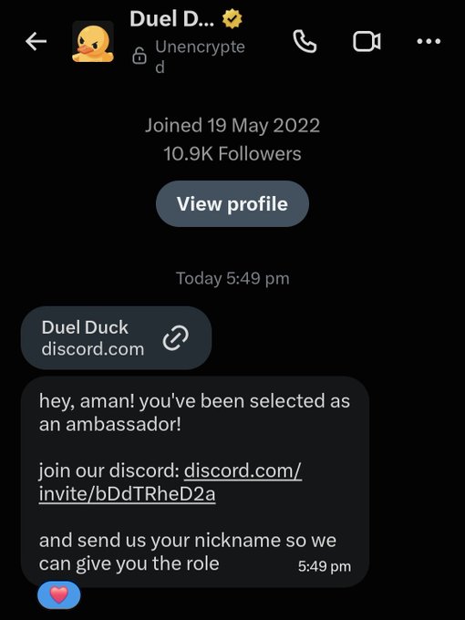 A Twitter DM screenshot from 'Duel Duck' (@Unencrypted) recruiting the user as an ambassador, sharing a discord.com invite link (discord.com/invite/bDdTRheD2a) and asking for a nickname.