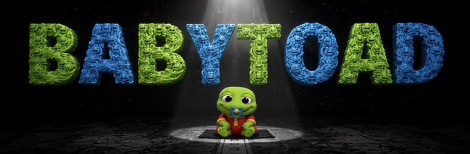 A 3D-rendered graphic of a small green cartoon toad wearing a red outfit, sitting in a spotlight beneath large, textured green and blue letters spelling 'BABYTOAD'.