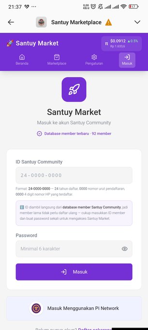The image shows the login screen of "Santuy Market," a Pi Network-based marketplace, with a balance of 0.0912 Pi (~$0.0538) displayed at the top, requiring users to input their "ID Santuy Community" (formatted as 24-0000-0000) and password to sign in and access the platform's ecosystem. This aligns with the post's message by visually demonstrating the ready-to-use infrastructure that Pi pioneers can access to start utilizing their Pi coins for everyday transactions.