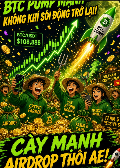 A vibrant Vietnamese crypto promotional poster titled 'BTC PUMP MAN!!' featuring cartoon characters in farmer attire, a rocket labeled 'BTC PUMP!', a BTC/USDT price of $108,888, and text reading 'CÂY KHỐI SỐI ĐỒNG TRỞ LẠI!' and 'CÀY MANH AIRDROP THÔI AE!' with Vietnam Crypto Fam branding.