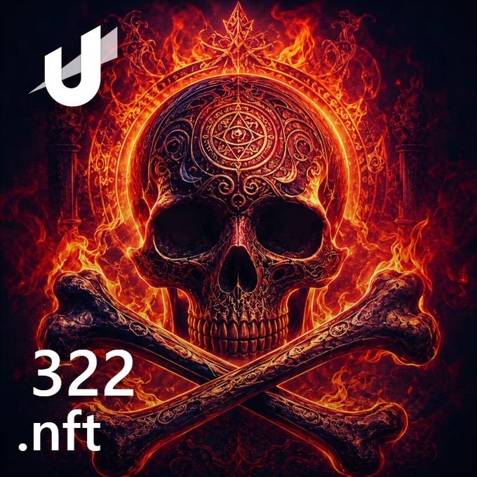 A fiery skull and crossbones design with occult symbols, labeled '322.nft' with a 'U' logo in the top left.