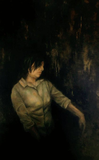A dark, atmospheric painting of a person with short hair wearing a light-colored button-up shirt, rendered in muted greenish tones.