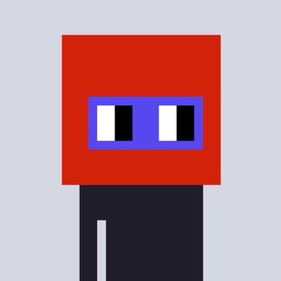 A pixel-art character with a red block-shaped head, blue mask-like eyes, and a dark blue body stands against a light blue background, matching the post's playful reference to "nouners" with its retro video game aesthetic.