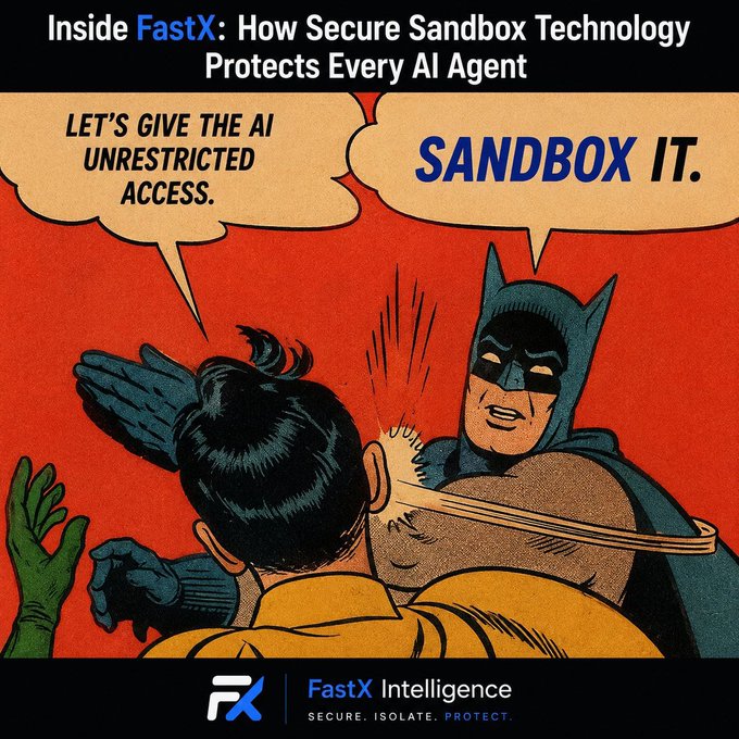 A comic-style graphic titled 'Inside FastX: How Secure Sandbox Technology Protects Every AI Agent' shows Batman slapping Robin, with the text 'SANDBOX IT.' The FastX Intelligence logo and 'SECURE. ISOLATE. PROTECT.' are at the bottom.