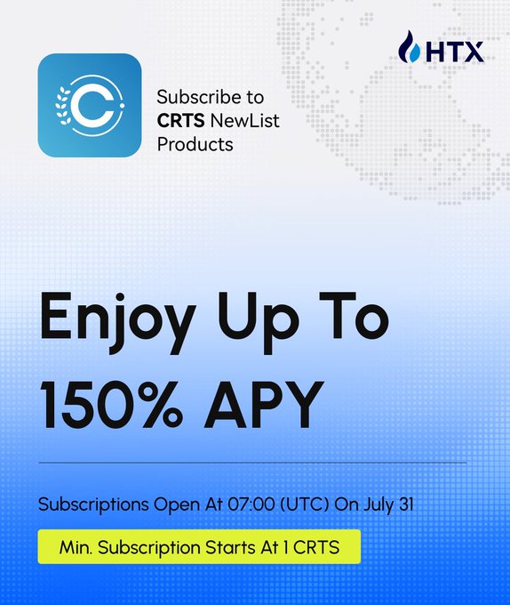 Promotional graphic from HTX exchange advertising $CRTS NewList Products subscriptions, offering up to 150% APY with a minimum subscription of 1 CRTS, opening at 07:00 UTC on July 31. The image features the CRTS logo and HTX branding with the announcement mirroring the post's details.