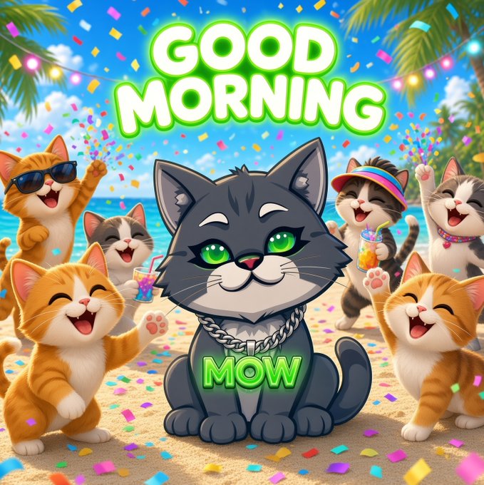 A cheerful cartoon beach scene features a central gray cat wearing a silver chain necklace with "MOW" displayed on it, surrounded by joyful orange tabby kittens celebrating with confetti, drinks, and party accessories. The bold green text "GOOD MORNING" tops the image, perfectly matching the upbeat $MOWCAT community greeting and beach party theme.