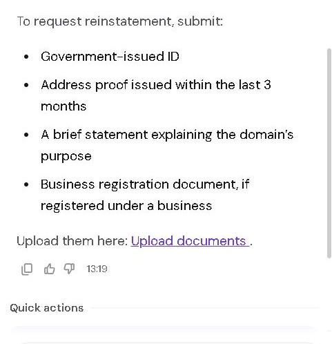 A screenshot of a domain reinstatement request form listing required documents: Government-issued ID, Address proof issued within the last 3 months, A brief statement explaining the domain's purpose, and Business registration document, with an "Upload documents" link.
