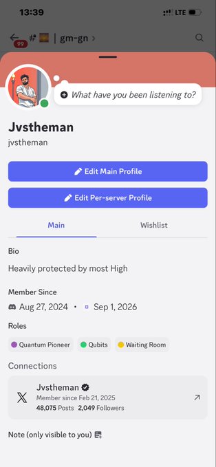 Discord profile screenshot for user 'Jvstheman' showing bio 'Heavily protected by most High', Member since Aug 27, 2024, roles including Quantum Pioneer, Qubits, and Waiting Room, with 48,075 posts and 2,049 followers.