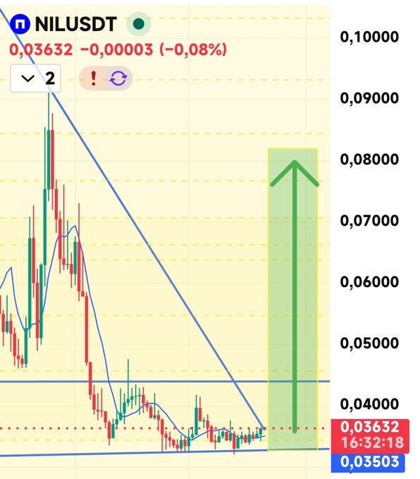The image shows a NILUSDT candlestick chart trading at 0.03632 with a slight -0.08% decline, featuring a downward trendline and a large green arrow indicating a projected upward move toward the 0.08000 resistance level. This visualizes the post's sentiment of "ambush" waiting, with the trader anticipating the delayed pump to materialize toward higher price targets despite current consolidation near support around 0.03503.