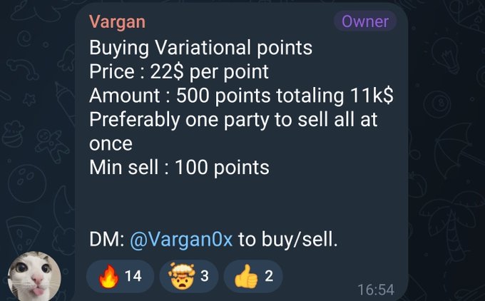 A Telegram post by 'Vargan' advertising the purchase of 500 Variational points at $22 per point, totaling $11k, with contact via @Vargan0x.