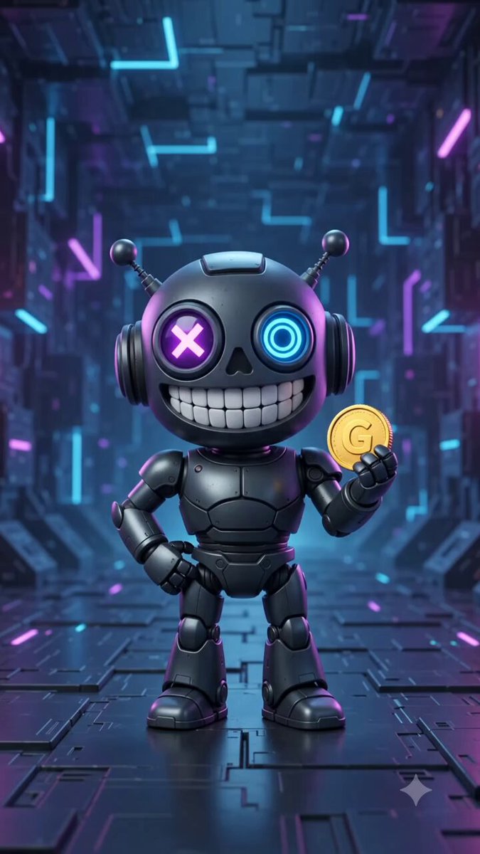 The image features a robot with purple eyes and a gold coin in its hand, standing against a futuristic background of neon lights and lines. The caption above the image reads "Not every project needs another hype cycle. Some are built to defend what matters. While KYRO.Business focuses on helping businesses grow, ROKSTER represents stability, discipline, and protection within the Aevum AI ecosystem. Innovation moves forward."