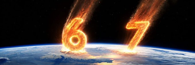 Two flaming meteor-like digits "6" and "7" streak down from space toward Earth, visually representing the "$67" ticker mentioned in the post about the SixSeven app. The dramatic cosmic imagery reinforces the excitement and momentum of engaging with the gaming platform and tracking its token's performance.