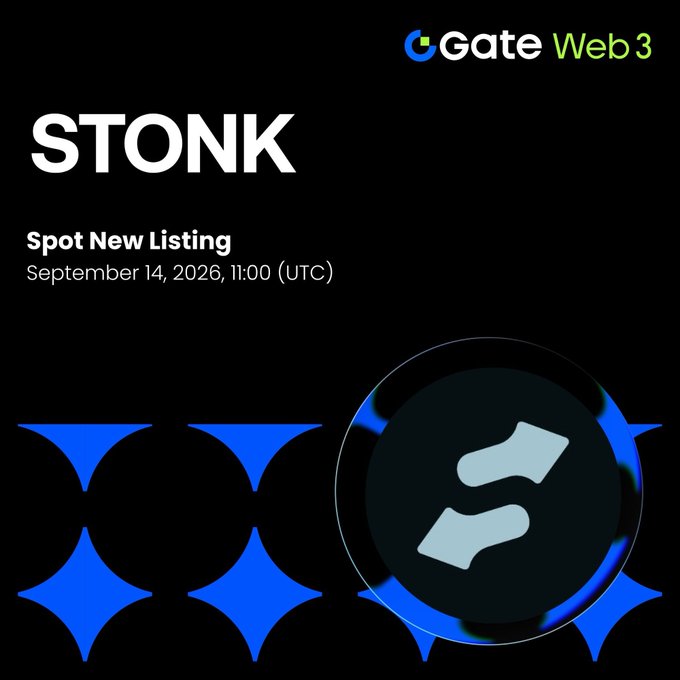A Gate Web3 promotional banner announcing the 'STONK' Spot New Listing scheduled for September 14, 2026, 11:00 (UTC), featuring a stylized logo and blue sparkle graphics on a black background.