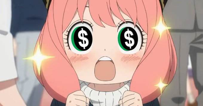 An anime character (Anya Forger from Spy x Family) with pink hair showing an excited expression, with dollar signs in her eyes surrounded by star effects.