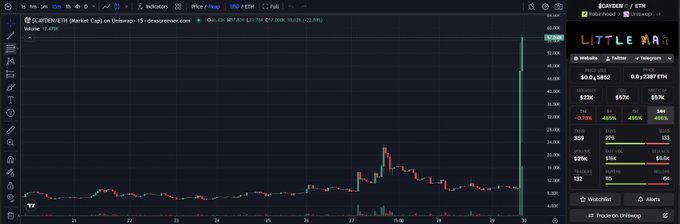 A TradingView chart of $LITTLEMA on the ZIGEN/ETH pair (Market Cap) on Bitfinex shows a sudden vertical price spike near the end of the period, while the post declares the $CAYDEN team's commitment to hold through volatility. The chart visualizes the dramatic price action the team is refusing to give up on.
