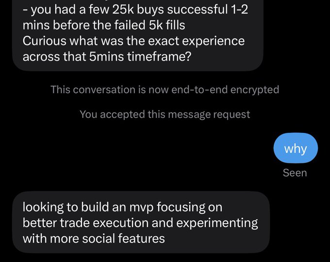 A screenshot of an end-to-end encrypted messaging conversation discussing trade execution, featuring messages about '25k buys successful' and building an 'mvp focusing on better trade execution and experimenting with more social features.'