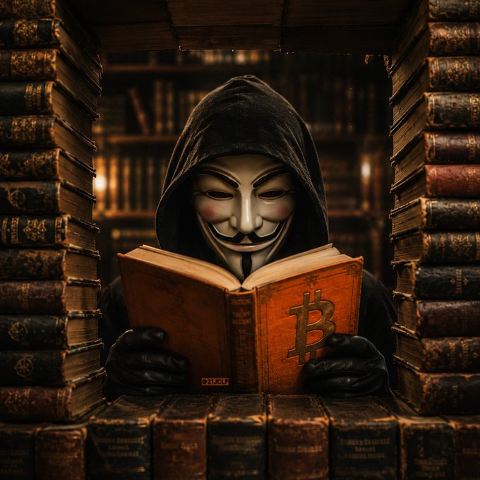 A masked figure in a dark hood sits in a dimly lit library, reading a weathered book with a Bitcoin "₿" symbol on its cover. The image ties to "Study Bitcoin" by portraying the cryptocurrency as an arcane subject requiring deep, secretive study like ancient knowledge.