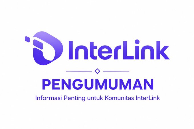 The image displays the InterLink logo (featuring a purple stylized "D" icon) above the Indonesian heading "PENGUMUMAN" (meaning "Announcement") and the subtitle "Informasi Penting untuk Komunitas InterLink" ("Important Information for the InterLink Community"), serving as the header graphic for an official notice about InterLink's KYC (identity verification) process.