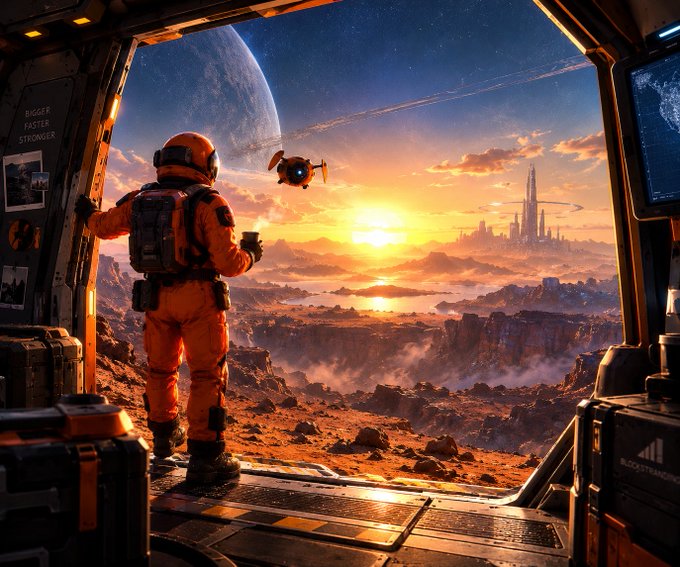 A digital artwork of a person in an orange spacesuit standing in a doorway, looking out at a desert landscape with a sunset, a large planet, and a futuristic city in the distance.