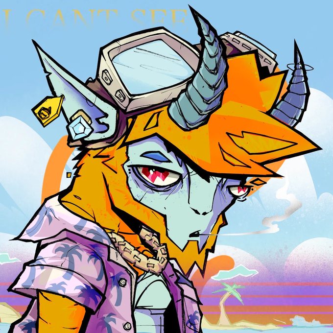 An illustrated character with orange fur/hair, horns, and goggles on their head, wearing a purple patterned shirt, with the text 'I CAN'T SEE' partially visible at the top.