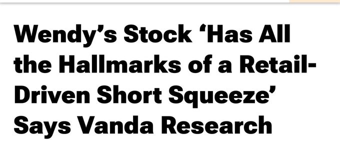 The image displays a headline reading, "Wendy's Stock 'Has All the Hallmarks of a Retail-Driven Short Squeeze' Says Vanda Research." It relates to the accompanying post about $WEN by highlighting expert analysis suggesting unusual retail trading activity in the fast-food company's stock.