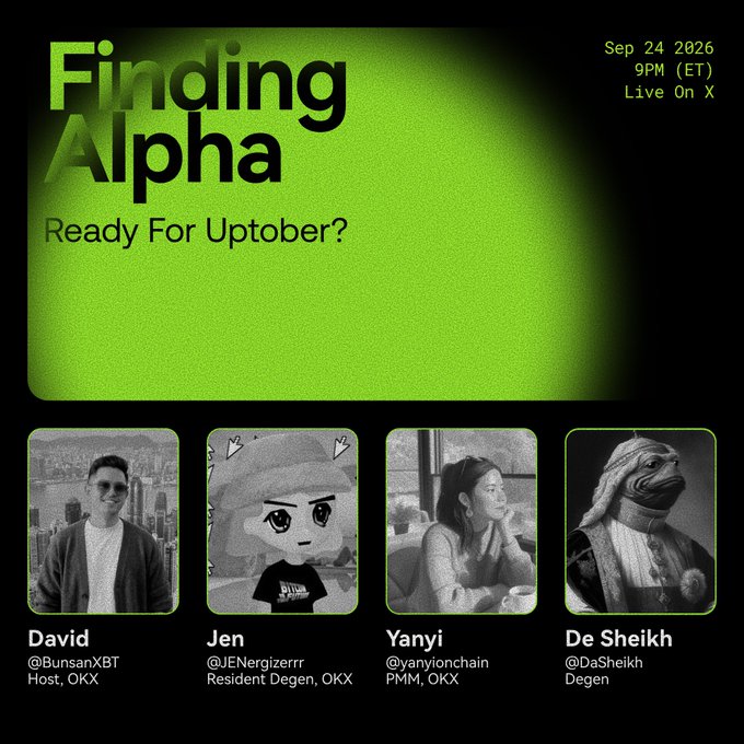 Promotional graphic for a "Finding Alpha" live X space titled "Ready For Uptober?" scheduled for September 24, 2026 at 9 PM ET, featuring hosts David (@BunsanXBT), Jen (@JENergizerr), Yanyi (@yanyionchain) from OKX alongside guest De Sheikh (@DaSheikh). The image directly supports the post's announcement of a discussion on October's historically bullish BTC trends and what signals to watch in the market.
