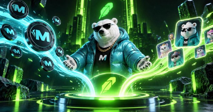 A vibrant digital illustration of a polar bear wearing sunglasses and a teal puffer jacket with 'M' branding, surrounded by floating 'M' tokens and NFT-style polar bear avatars against a neon green cityscape.