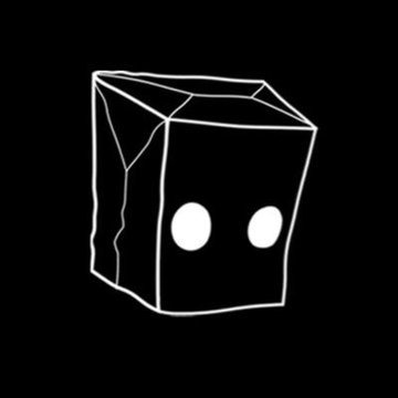 A simple white line drawing of a cube-shaped character with two oval eyes on a black background.