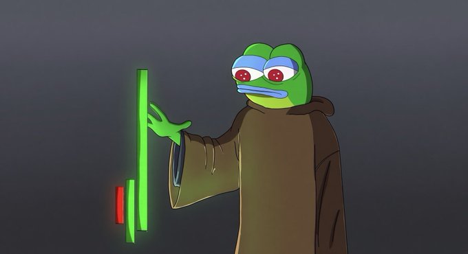 A cartoon-style image of a green frog character in a brown robe touching a floating green lightsaber against a dark gray background.