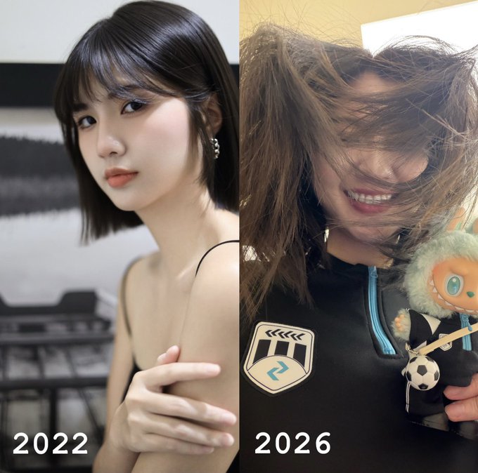 A before-and-after comparison labeled "2022" and "2026" showing a young woman with a bob haircut transitioning to a similar-looking woman with longer, messy hair holding a plush toy and soccer ball keychain.