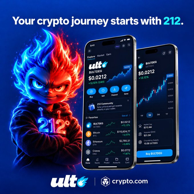 A promotional advertisement for Crypto.com and the $ULTDEG token, featuring a stylized flame-headed character and the tagline 'Your crypto journey starts with 212.'