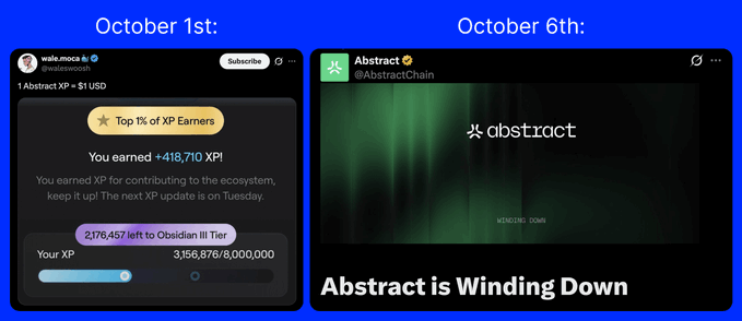 A side-by-side comparison showing October 1st: an Abstract XP earnings notification, and October 6th: Abstract announcing it is winding down.