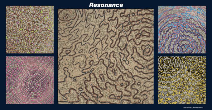 A grid of five abstract psychedelic artworks titled 'Resonance' by pasrelle.art, featuring intricate swirling and concentric patterns in various color palettes.