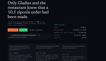 A website screenshot with a headline stating 'Only Gladias and the restaurant knew that a 10.5 zippcoin order had been made,' displaying transaction details for 'GLADIUS,' 'ZIPP,' and 'CRYPTO' coins.