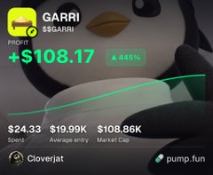A token profile for '$GARRI' (Cloverjat) on pump.fun showing a price of +$108.17 with a 448% gain, $19.99K 24h volume, and $108.86K market cap.