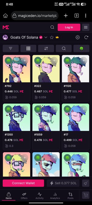 Screenshot of the Magic Eden NFT marketplace on mobile, showing the 'Goats Of Solana' collection with various goat character listings priced between 0.446 and 0.499 SOL.