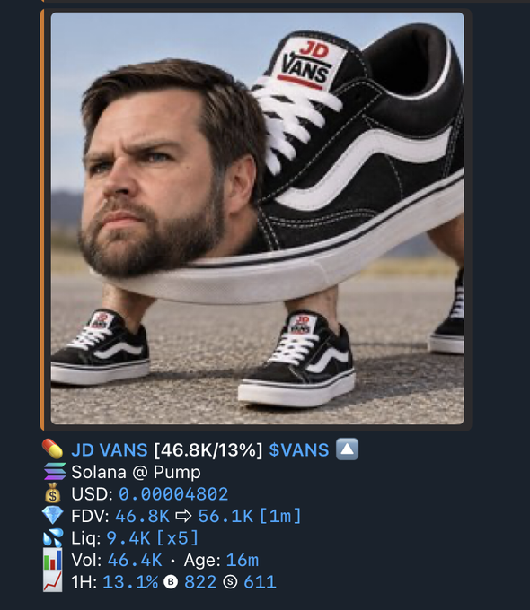 The image is a meme showing JD Vance's face edited onto a pair of feet wearing black Vans sneakers, used to promote a Solana meme token called "JD VANS" ($VANS) trading at $0.00004802 with $46.8K FDV and 46.4K volume. The post humorously frames this low-cap meme coin as one of the "massive runners" Solana is producing alongside broader Arc mainnet developments.