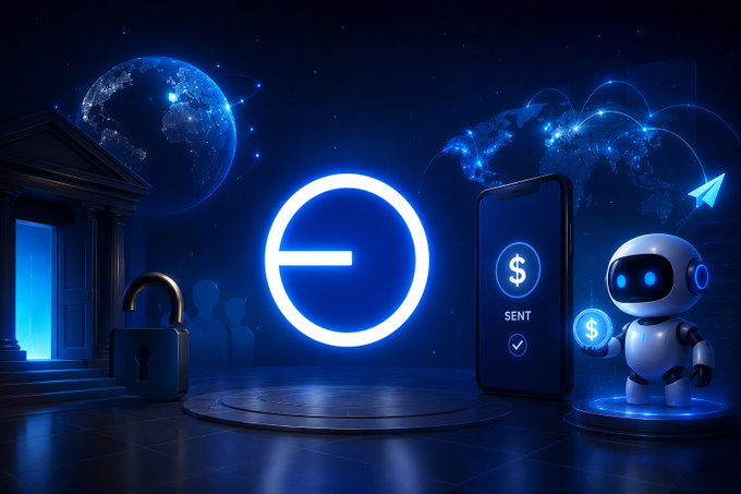 A digital artwork depicting a glowing blue cryptocurrency logo with the symbol 'SENT' on a smartphone screen, flanked by an unlocked padlock, a robotic figure holding a coin, a globe, and an open door against a cosmic background.