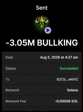 The image displays a confirmation screenshot of a successful transaction on the Solana network, showing -3.05M BULLKING sent to wallet B2Cb...wKHZ with a network fee of ~0.00008 SOL, confirming the purchase of 3.05 million $BULLKING tokens noted in the post.