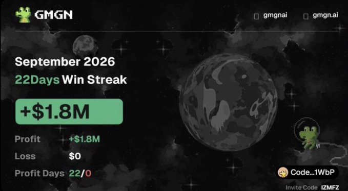 A dark promotional graphic for GMGN (gmgnai / gmgn.ai) displays 'September 2026', '22Days Win Streak', and '+ $1.8 M' in profits with $0 losses, alongside a 3D moon and an alien mascot.